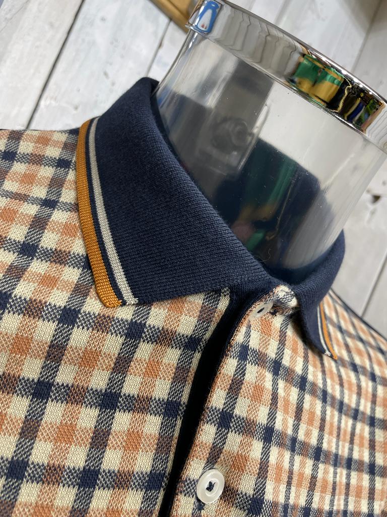 Trojan Gingham Check Panel Polo - Navy