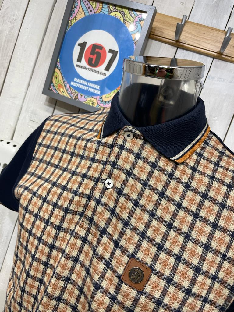 Trojan Gingham Check Panel Polo - Navy