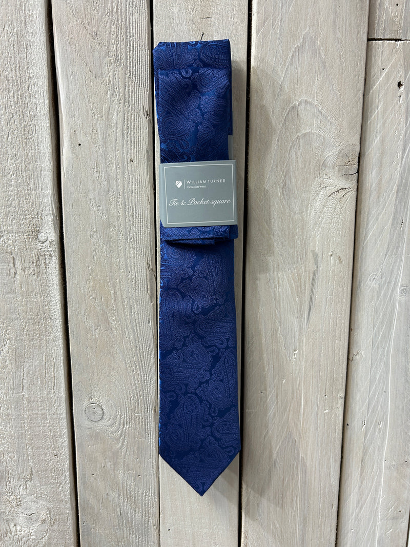 W. Turner Tie & Pocket Square Set - Royal Blue Navy Paisley