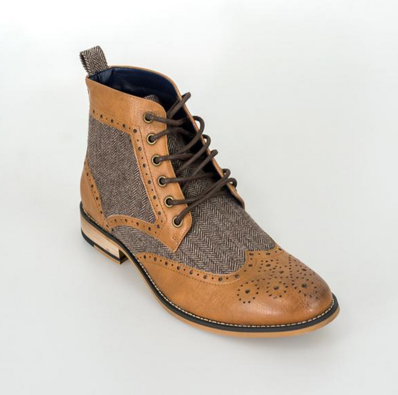 House of Cavani Sherlock Brogue Tweed Boots - Brown Tan