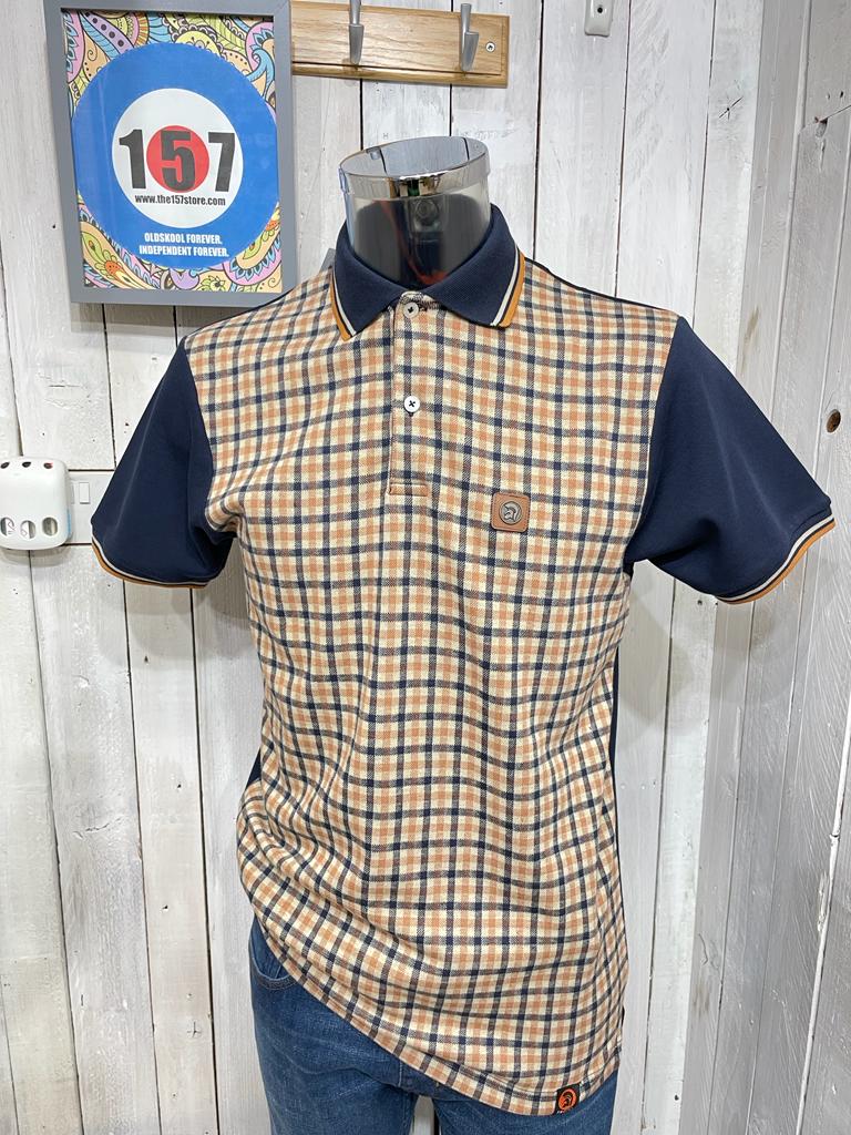 Trojan Gingham Check Panel Polo - Navy